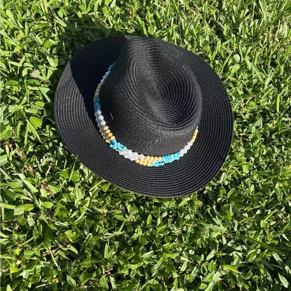 Black Hat BRAND NEW Hand Beaded Trim Band - Blue and Tan Beads